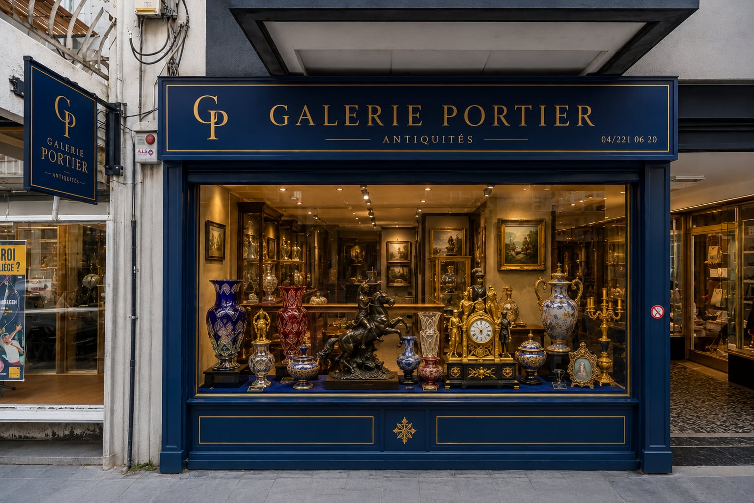 La devanture bleu cobalt et or de la Galerie Portier, vitrine garnie de cristaux, bronzes et porcelaines